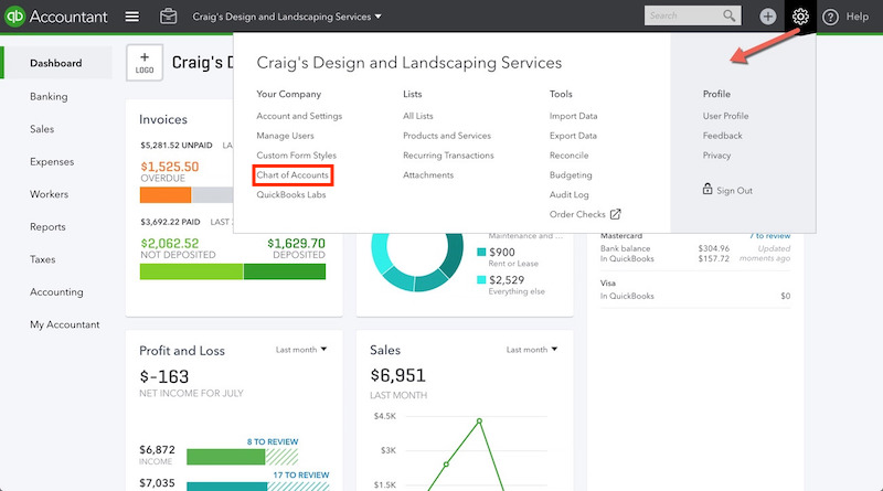 Screenshot showing where to access the Chart of Accounts in QyuickBooks Online.