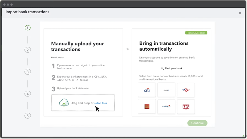 Screenshot showing how to import transactions in QuickBooks Online.