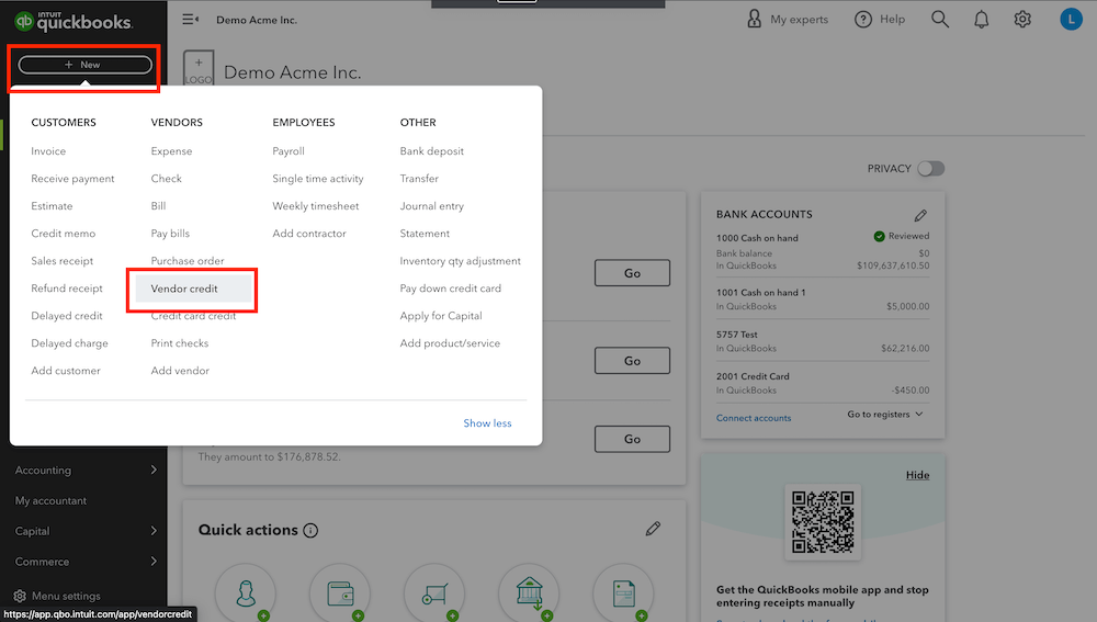 Screenshot showing how to add a new vendor credit in QuickBooks Online.