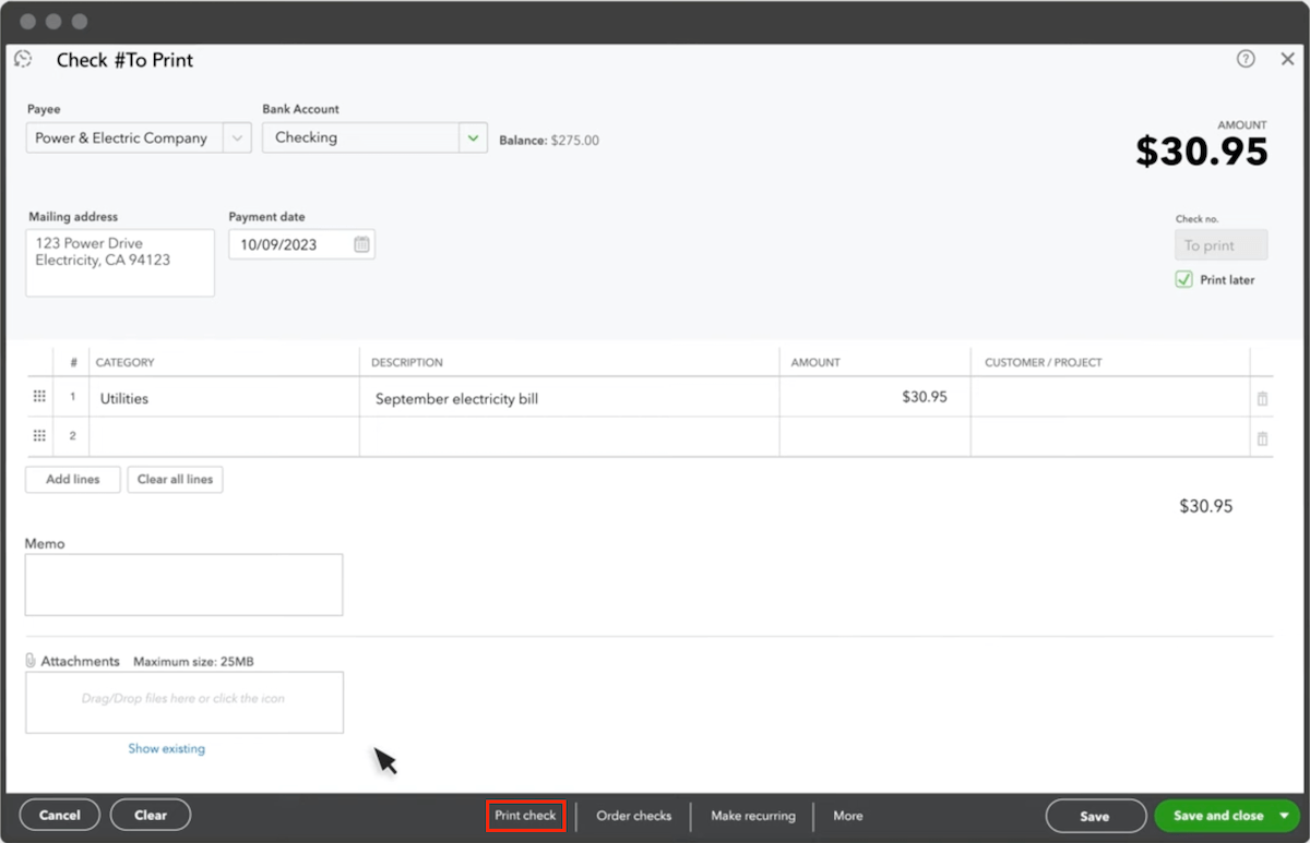 Screenshot showing how to print checks in QuickBooks Online.