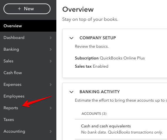 Screenshot highlighting the 'Reports' menu option in QuickBooks Online.