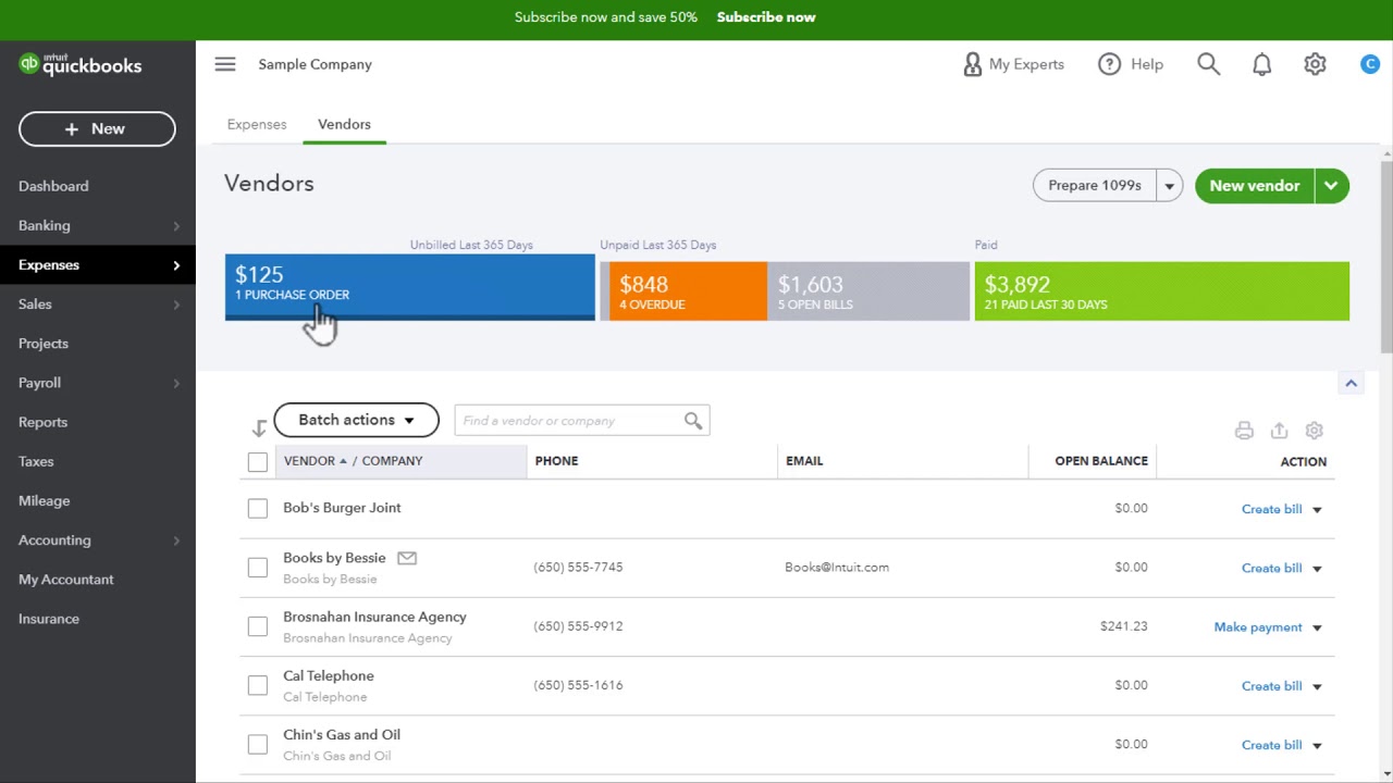 Screenshot of a vendor list in QuickBooks Online.