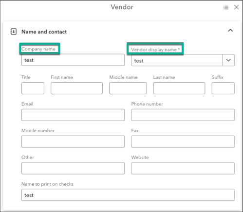 Screenshot of a vendor screen in QuickBooks Online.