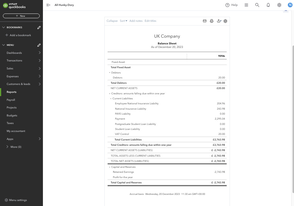 Screenshot showing a Balance Sheet report in QuickBooks Online.