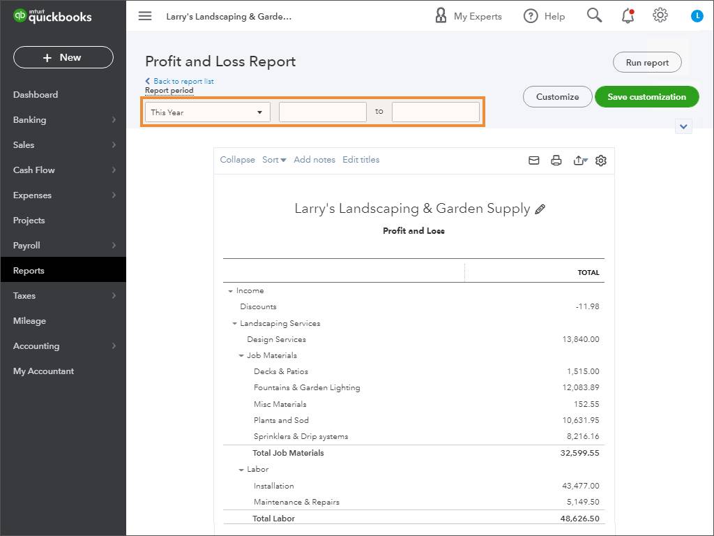 Screenshot showing an example Profit and Loss report in QuickBooks Online.